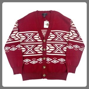 Forever 21 Cardigan Sweater Men's MEDIUM Burgundy Cream Aztec Tribal‎ Button NWT